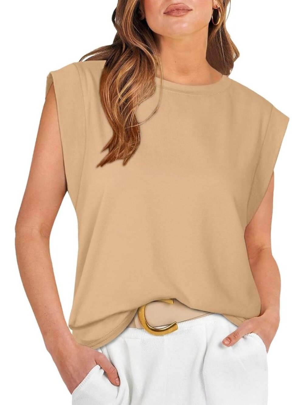 Women's Khaki Pull On Cap Sleeve Tank Tops Sleeve Striped Business Basic Shirts